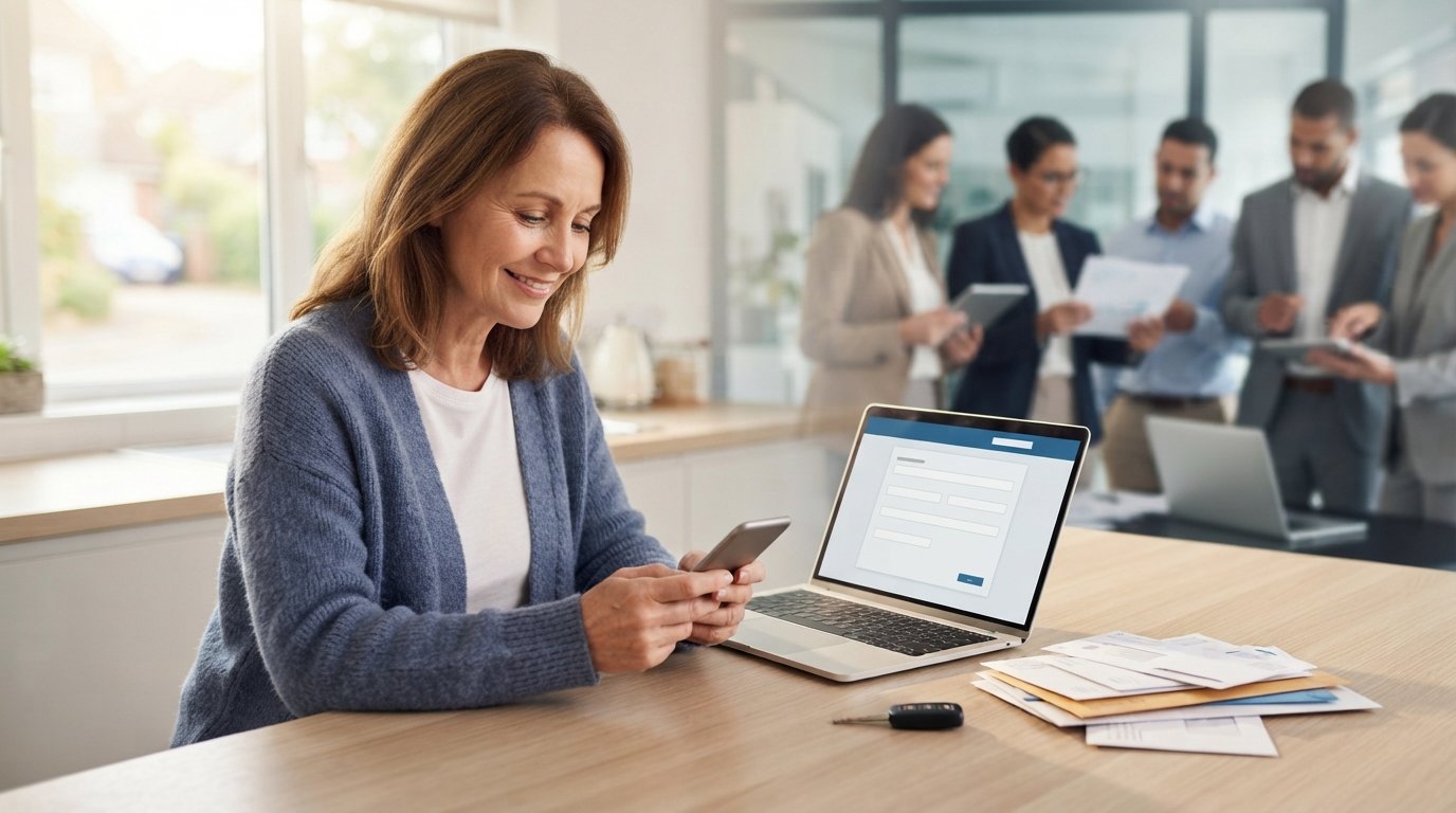 Relieved woman at kitchen table holding smartphone beside laptop with loan form, bills and car key nearby