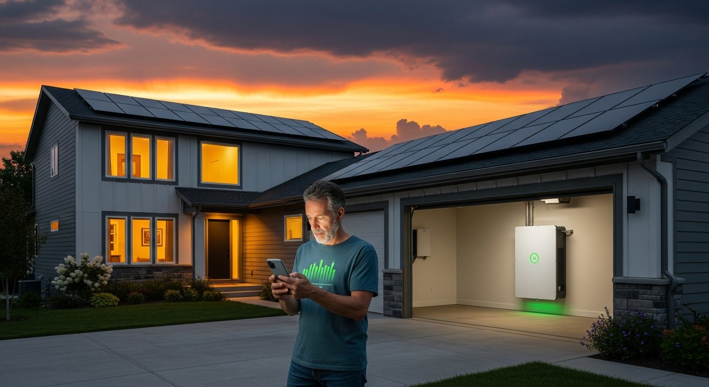 Homeowner in a garage checks a smartphone app beside a sleek white home battery with a green LED indicator, while solar…