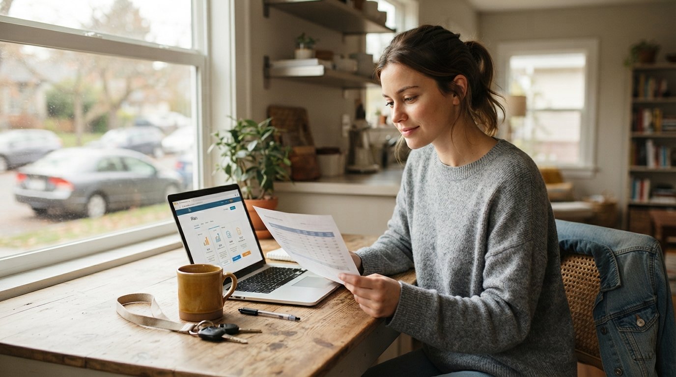 Young adult at a kitchen table reviewing car insurance quotes on a laptop, with car keys, a coffee mug, and a printed quote…