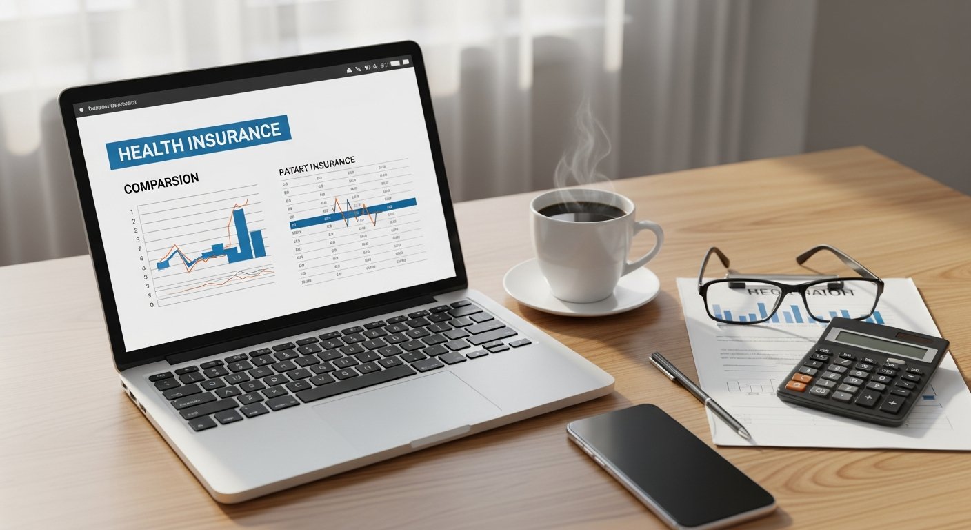 Open laptop on a wooden desk displays a health insurance comparison chart, with a smartphone, coffee mug, reading glasses,…
