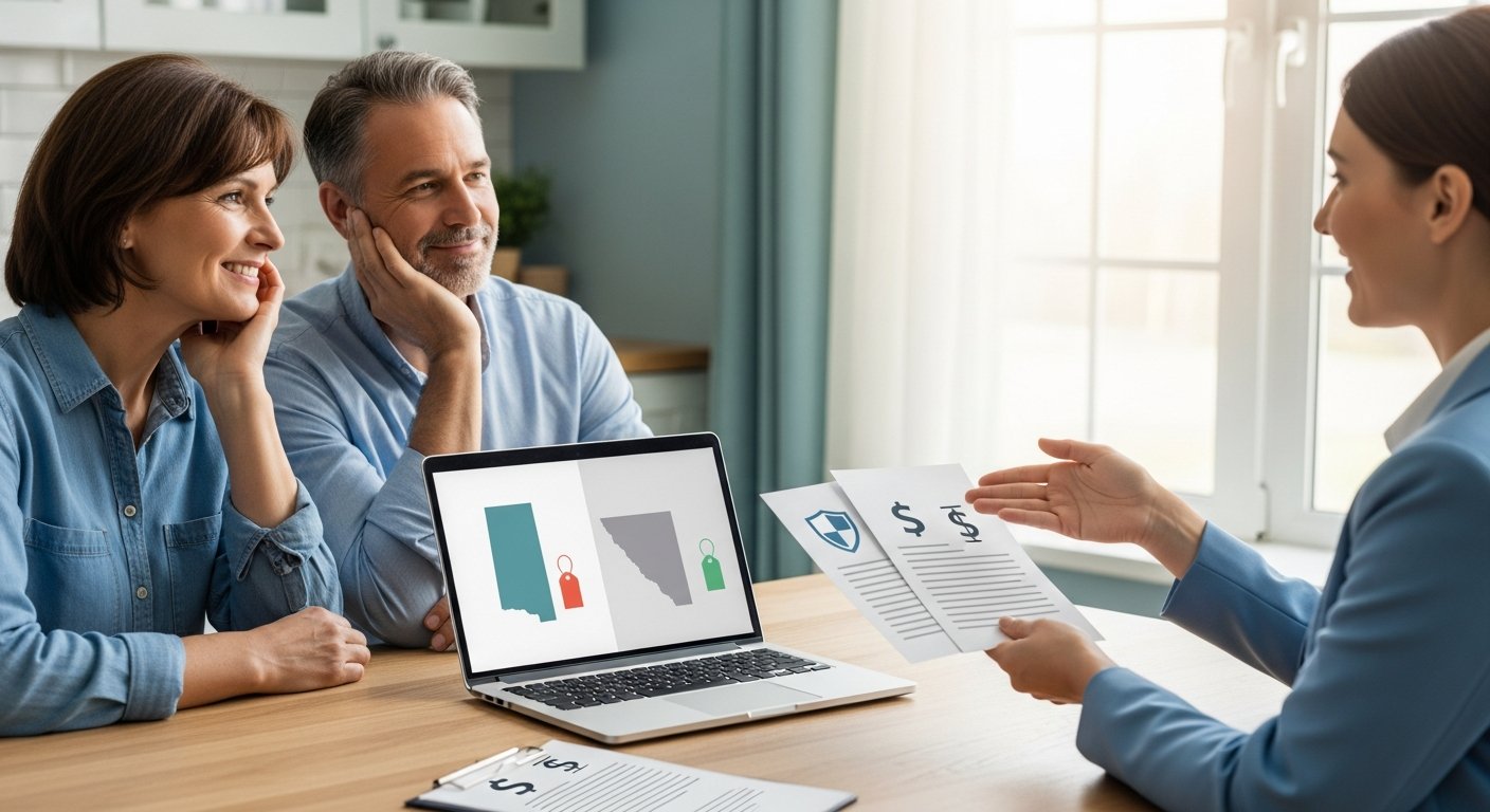 Middle-aged couple at a kitchen table with a laptop showing a state map and price tags, as an insurance agent points to…