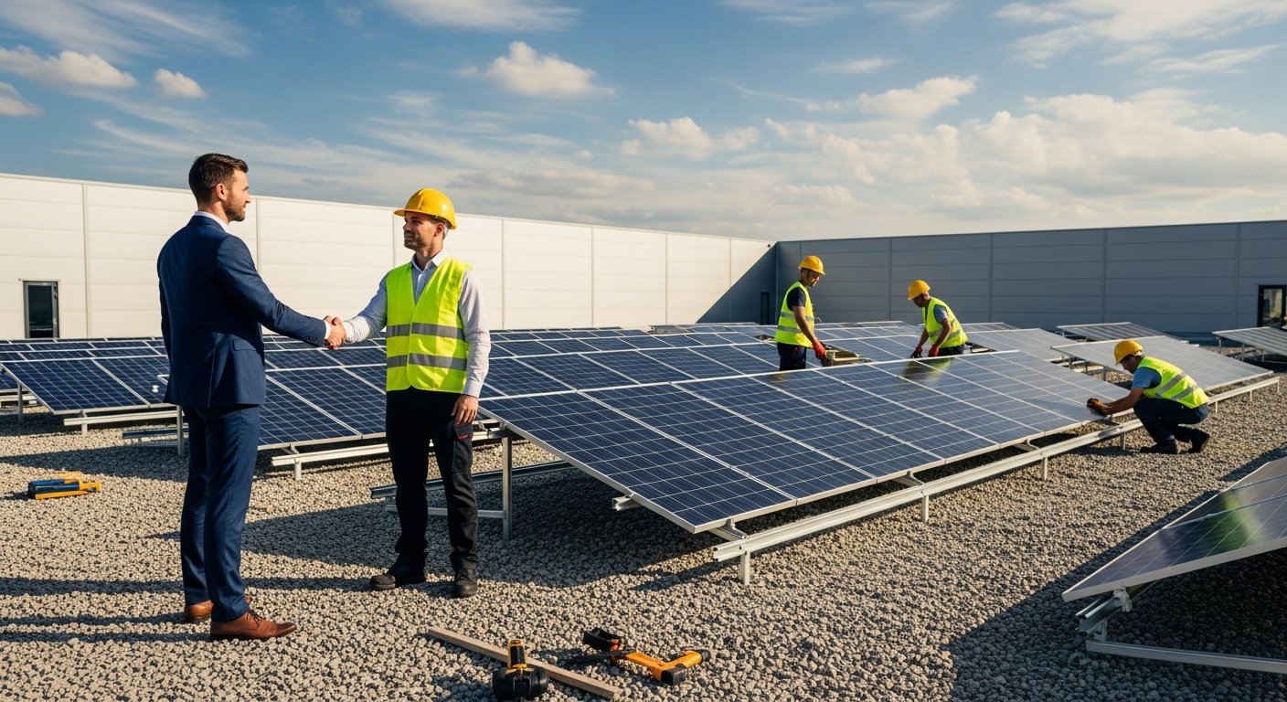 Business owner in navy suit shaking hands with solar installer in hard hat on rooftop with solar panel installation underway