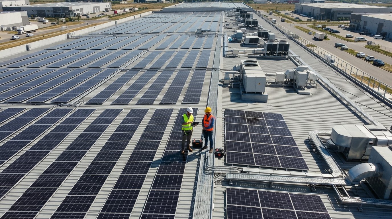 Aerial view of a commercial warehouse rooftop covered in rows of dark monocrystalline solar panels, with two engineers in…