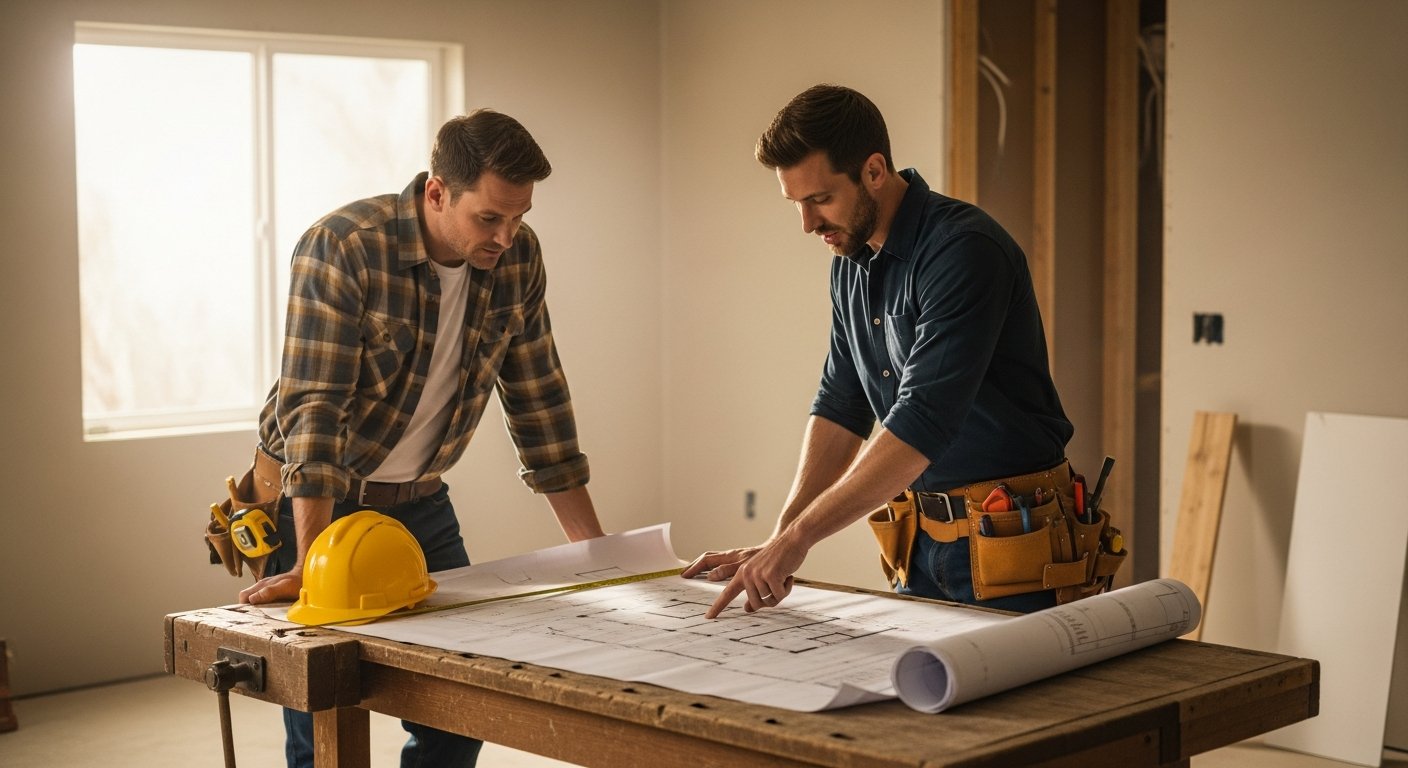 Homeowner in plaid shirt and contractor in work vest review blueprints at a wooden table with paint swatches and tools nearby
