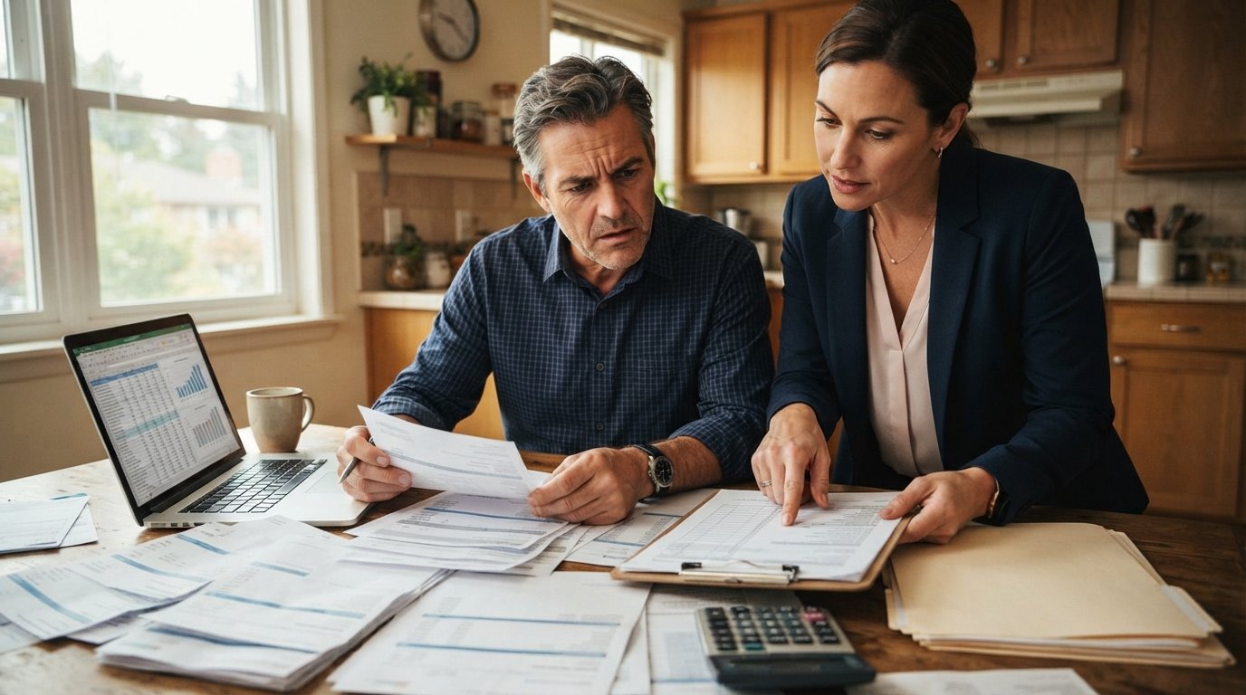 Man at kitchen table reviewing credit card statements with a woman pointing to a checklist on a clipboard