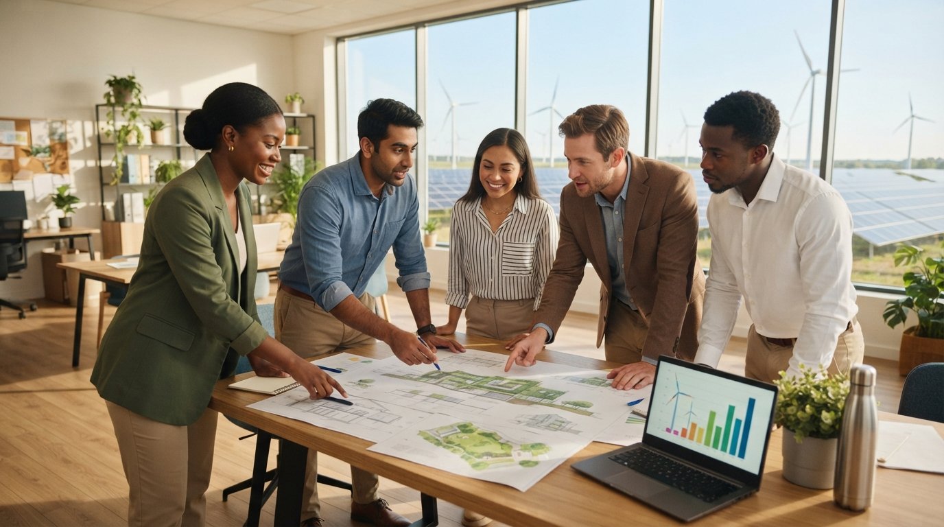 Diverse young professionals in business casual attire review a green building blueprint in a sunlit office with wind…