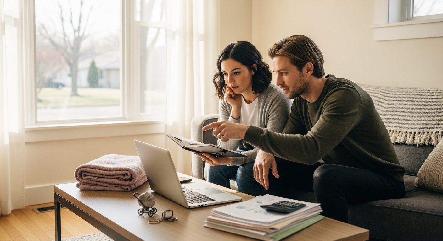 Young couple on a sofa reviewing health insurance options on a laptop, with a planner and baby items on the coffee table