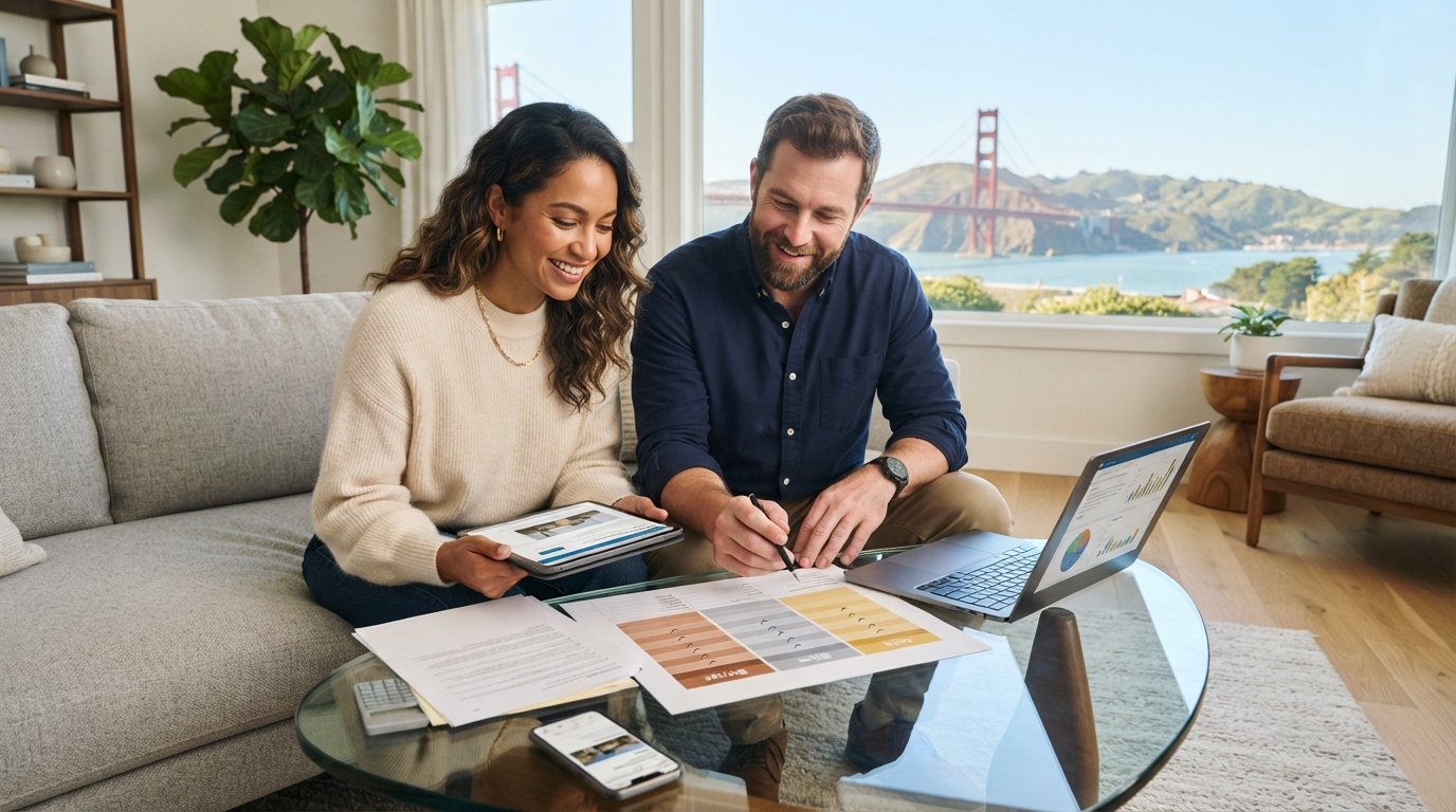 Couple in a sunlit California living room comparing Bronze, Silver, and Gold health plan tiers on a printed chart with a…
