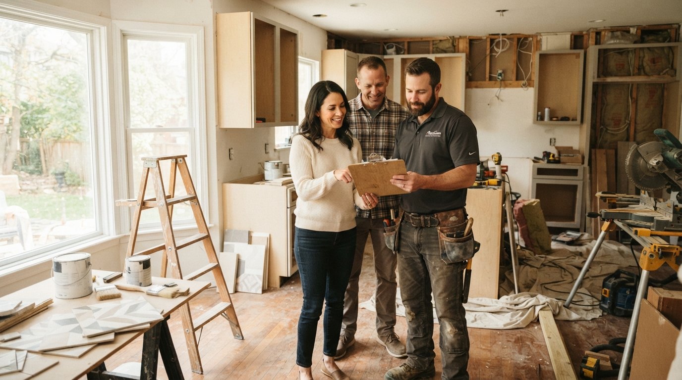 Couple reviewing a clipboard with a contractor in a bright kitchen under renovation, surrounded by ladders, paint cans, and…