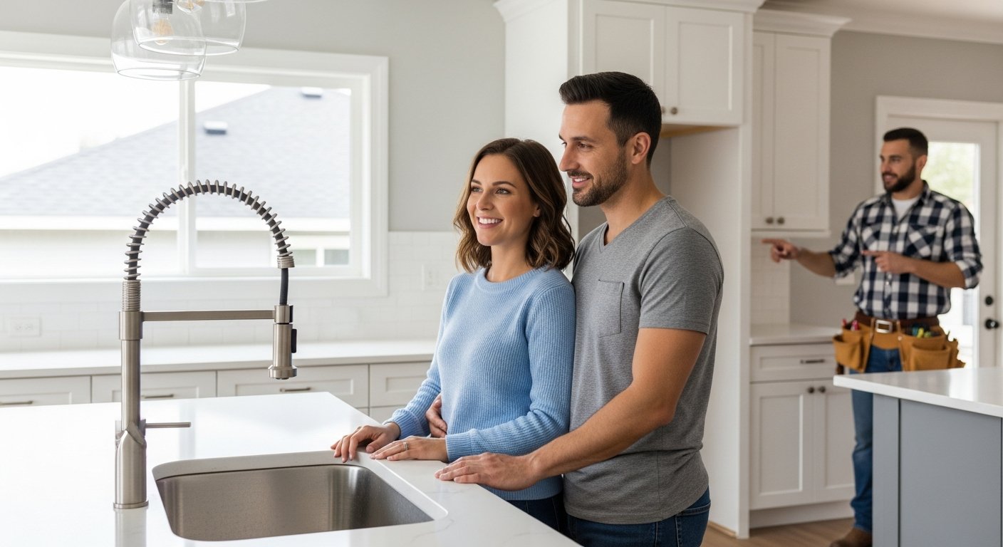 Smiling couple in bright renovated kitchen with shaker cabinets, quartz countertop, and contractor pointing to details