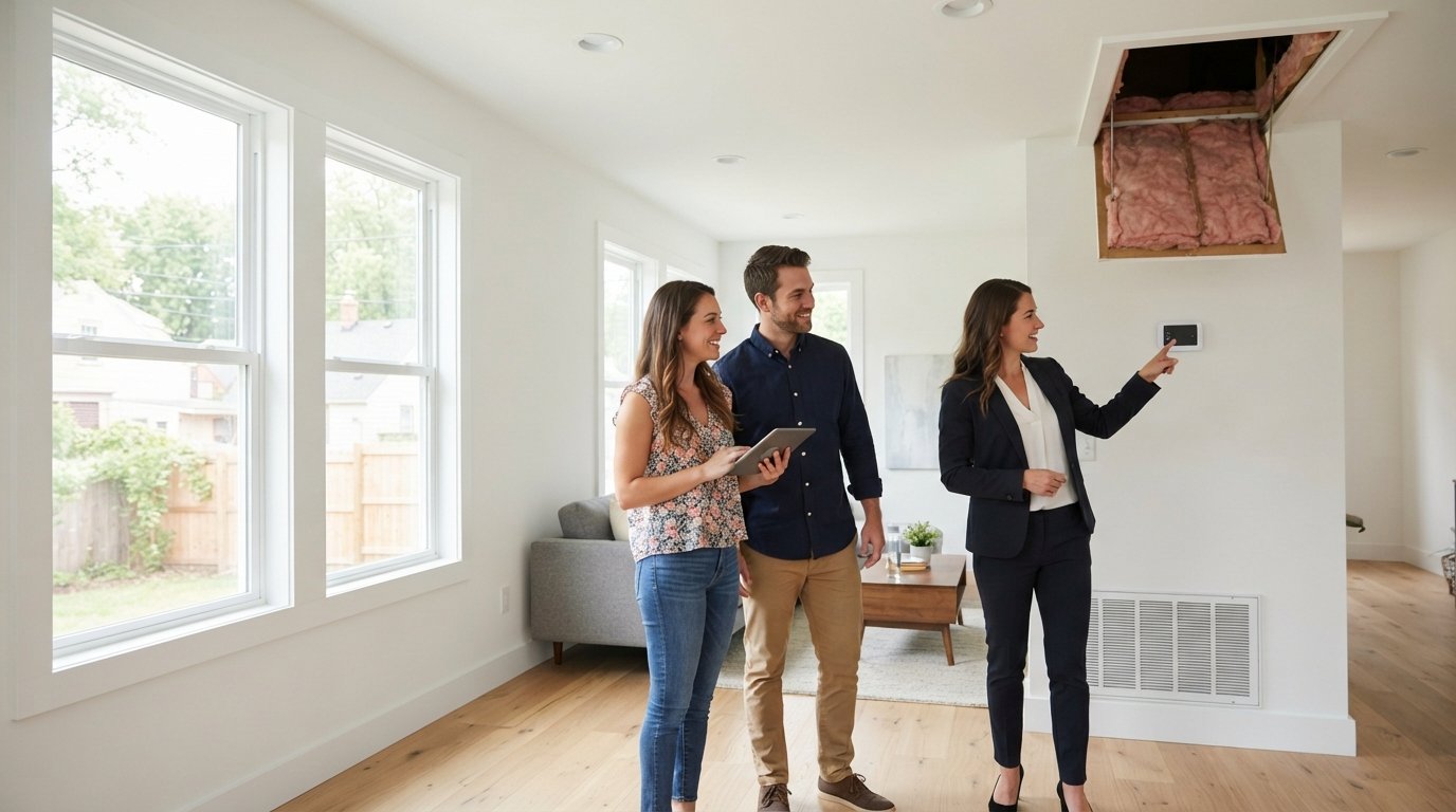 Real estate agent showing a digital thermostat to a young couple in a bright, modern living room with new windows and LED…