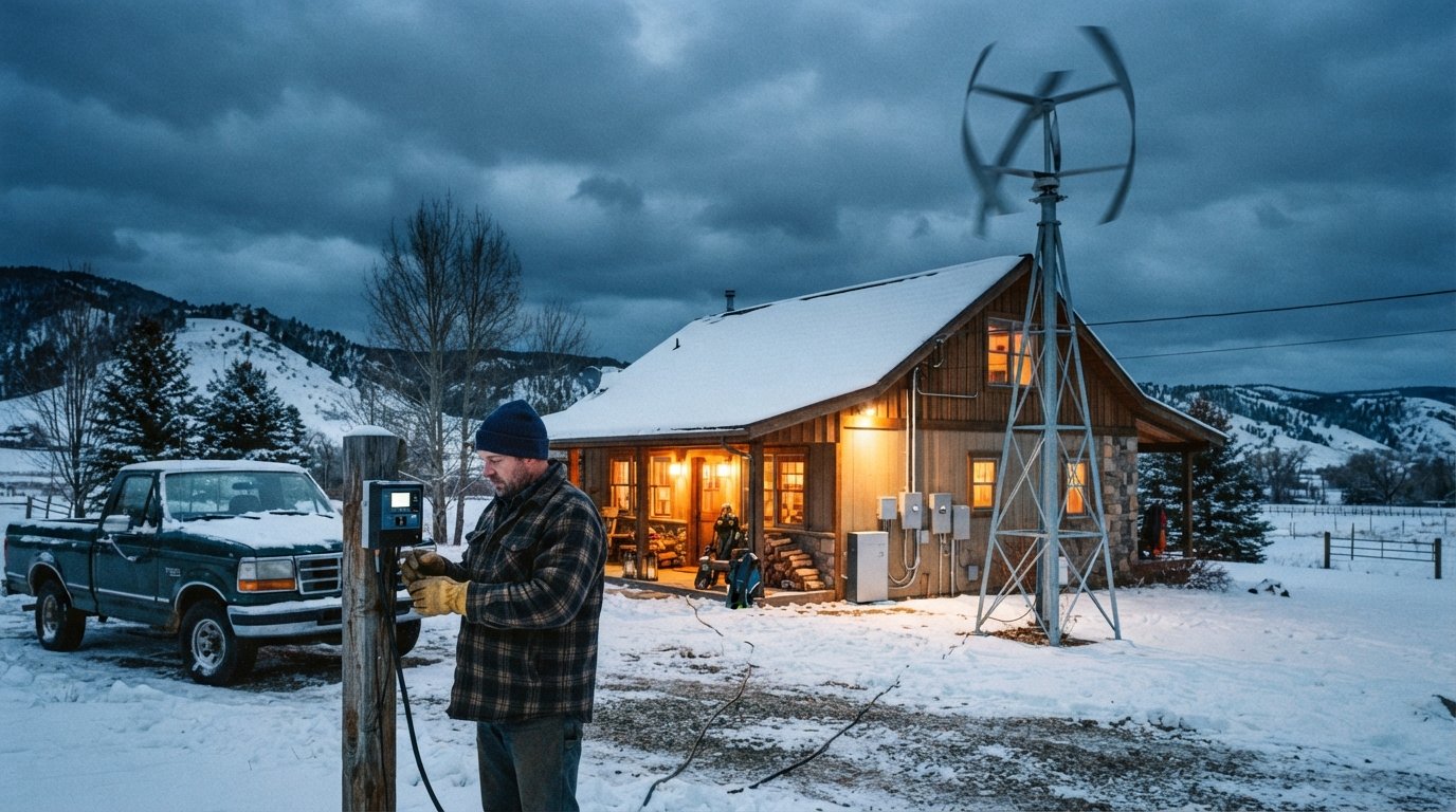 A vertical-axis wind turbine spins beside a snow-covered house with warm lit windows at dusk, a man checks a charge…