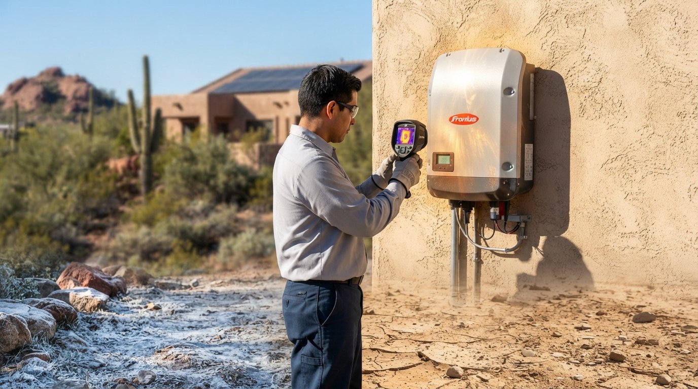 Technician in work shirt and safety glasses uses a thermal camera on a wall-mounted solar inverter outside a desert home,…