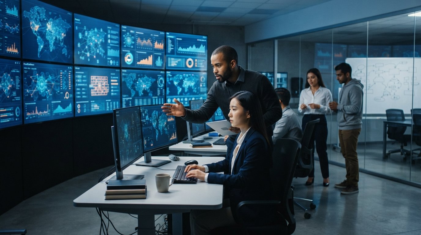 Three young professionals in business casual attire collaborate in a glass-walled security operations center with glowing…
