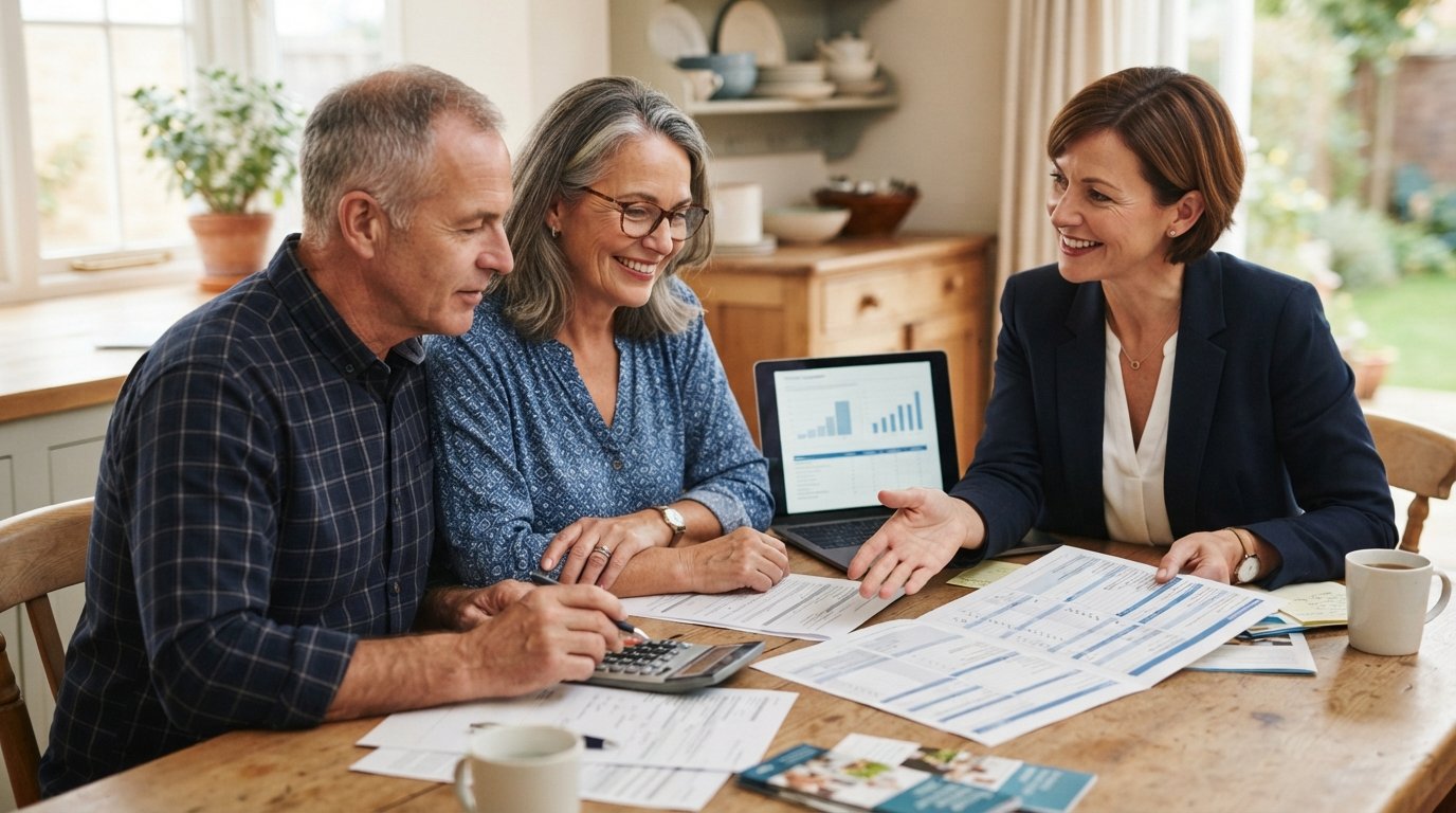 Middle-aged couple at a kitchen table with a laptop, plan documents, and a calculator, seated beside an insurance agent…