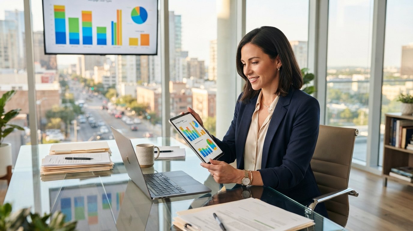 Loan officer in navy blazer reviewing colorful mortgage lead charts on a tablet at a glass desk in a bright office with…