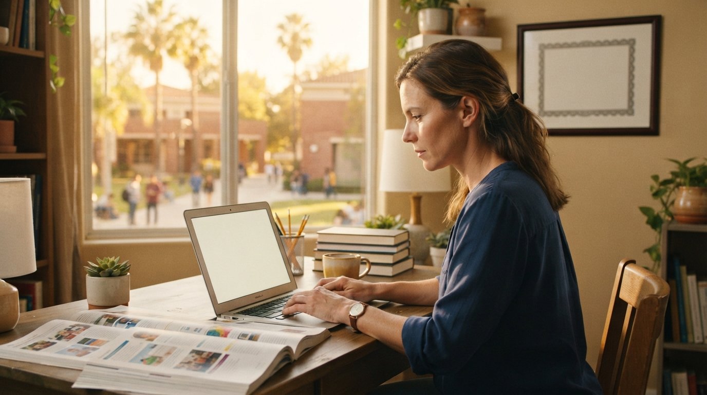Woman in a navy blouse types on a silver laptop at a sunlit home desk with course catalog, coffee mug, and textbooks, a…