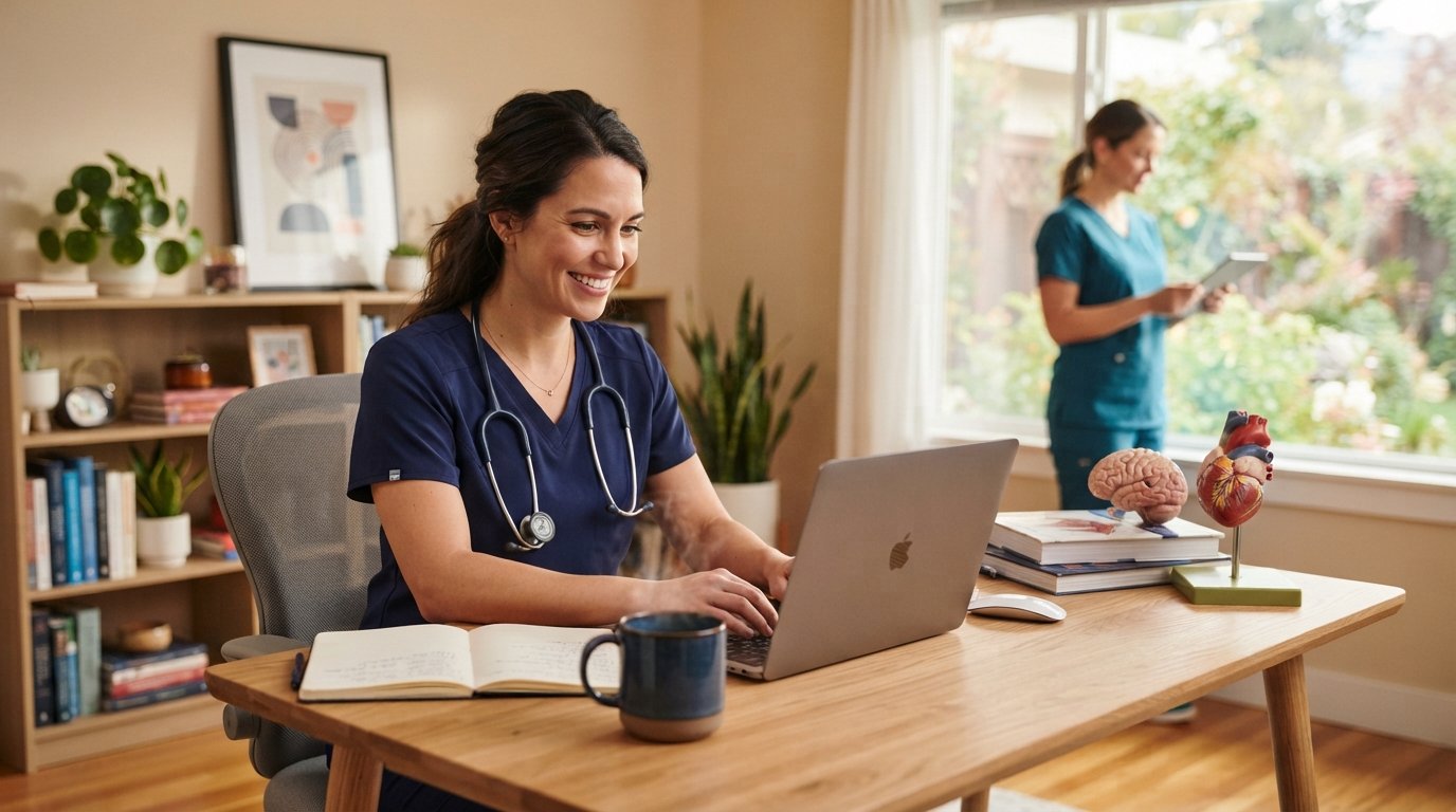 Female nurse in navy scrubs smiling at laptop displaying an online lecture, with medical textbooks and anatomical model on…