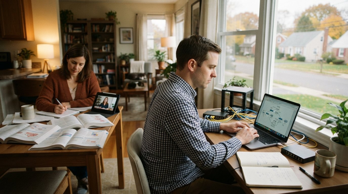 Man in button-down shirt studying network administration on a laptop at a home desk with ethernet cables, a model server…