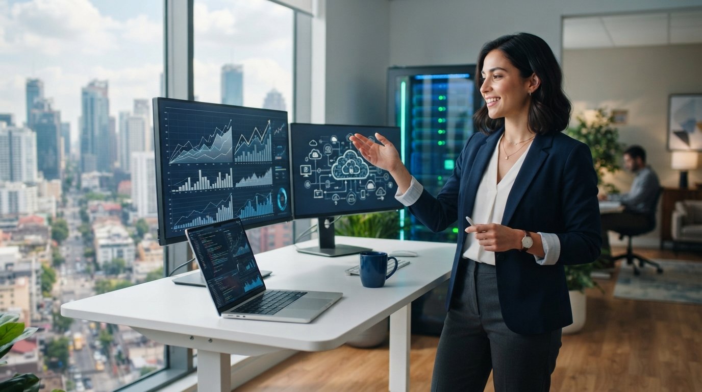 Young professional in business casual attire smiling at a desk with financial growth charts on a monitor and cloud…