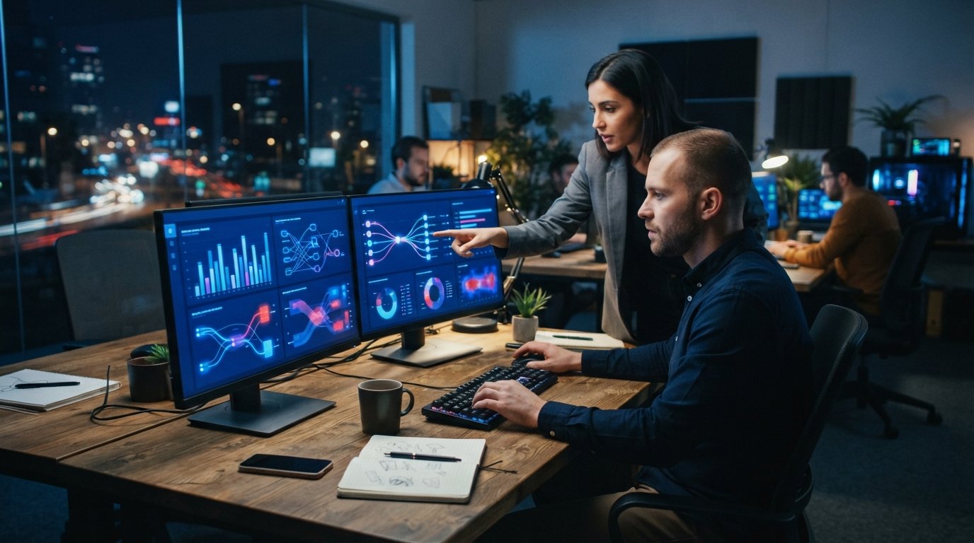 Lead buyer at a dual-monitor desk reviewing live auction bid graphs while a colleague points to a ping timeline with…