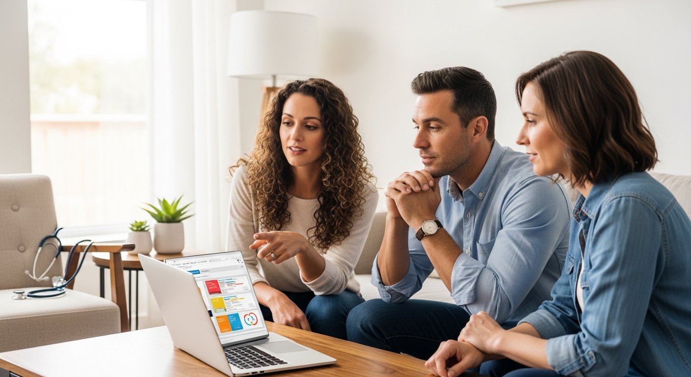 Three adults, one man and two women, sitting on a couch around a laptop on a coffee table, one woman pointing at the screen…