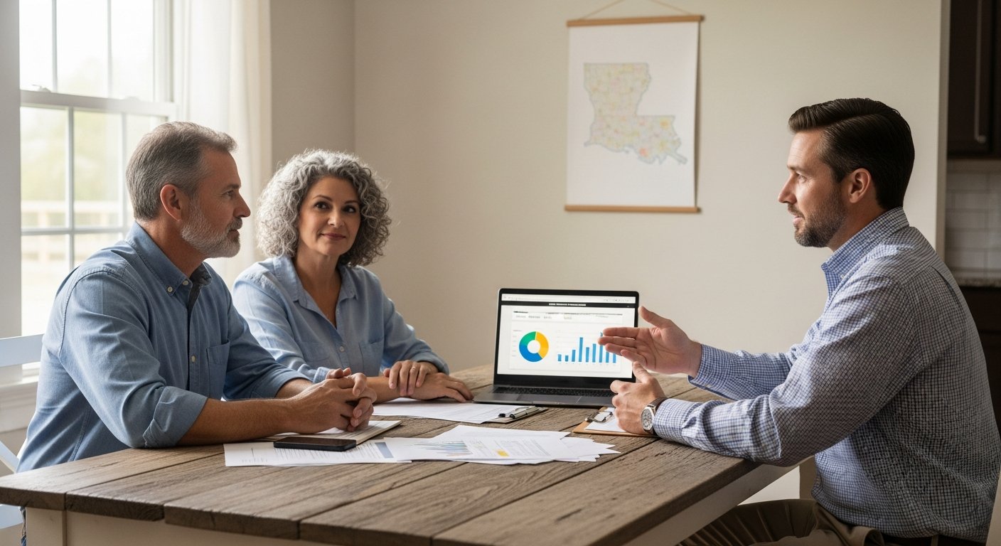 Middle-aged couple and insurance agent sit at a wooden kitchen table with papers and a laptop showing a health insurance…