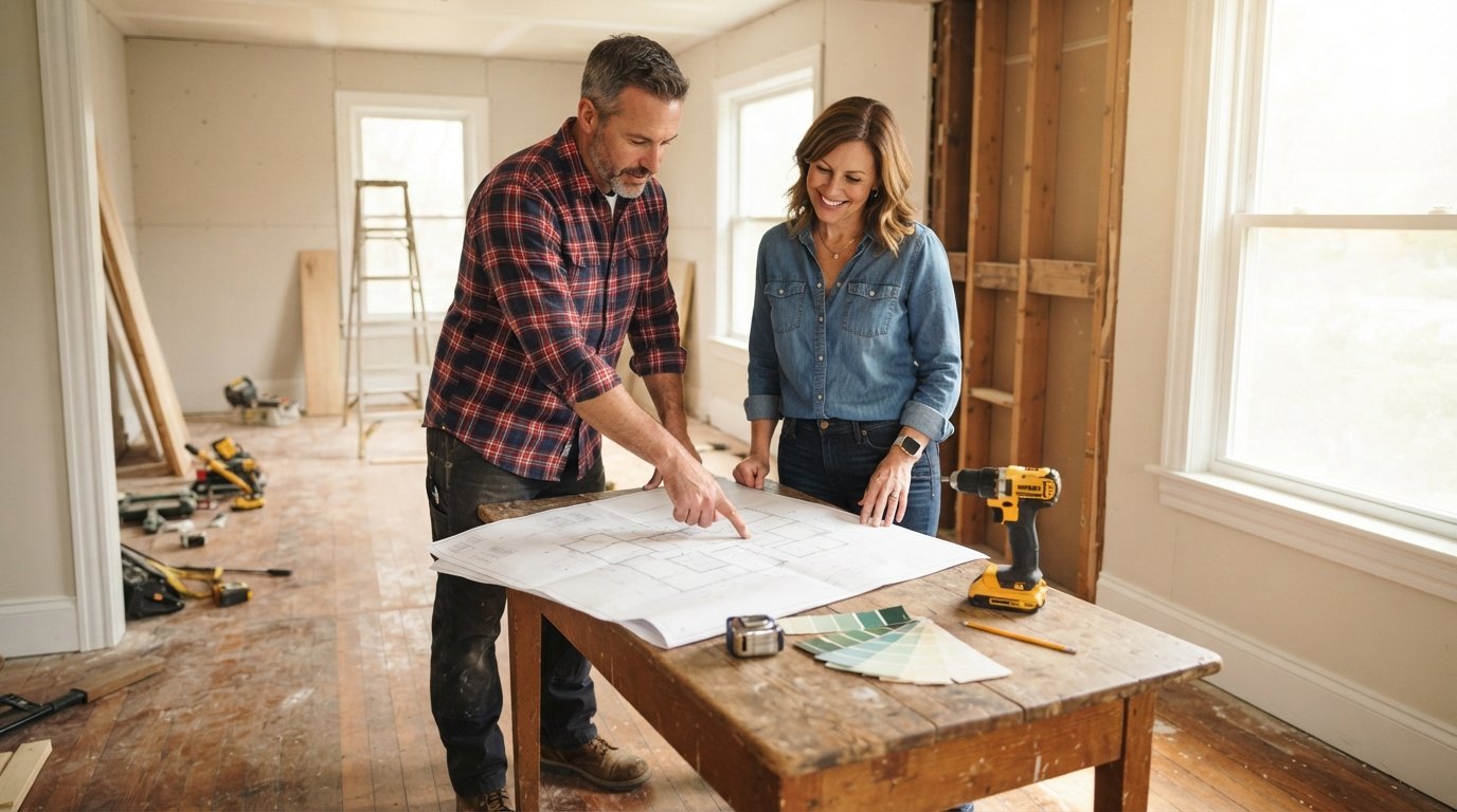 Contractor in a plaid shirt and homeowner review blueprints at a wooden table in a sunlit room mid-remodel, with exposed…