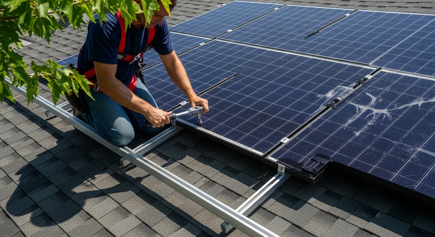Professional solar installer in a safety harness tightens a bolt on a glossy monocrystalline panel array atop a suburban…