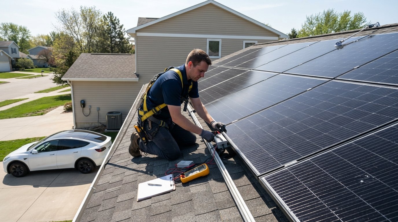 Installer in navy shirt and safety harness kneeling on an asphalt shingle roof, inspecting black monocrystalline solar…