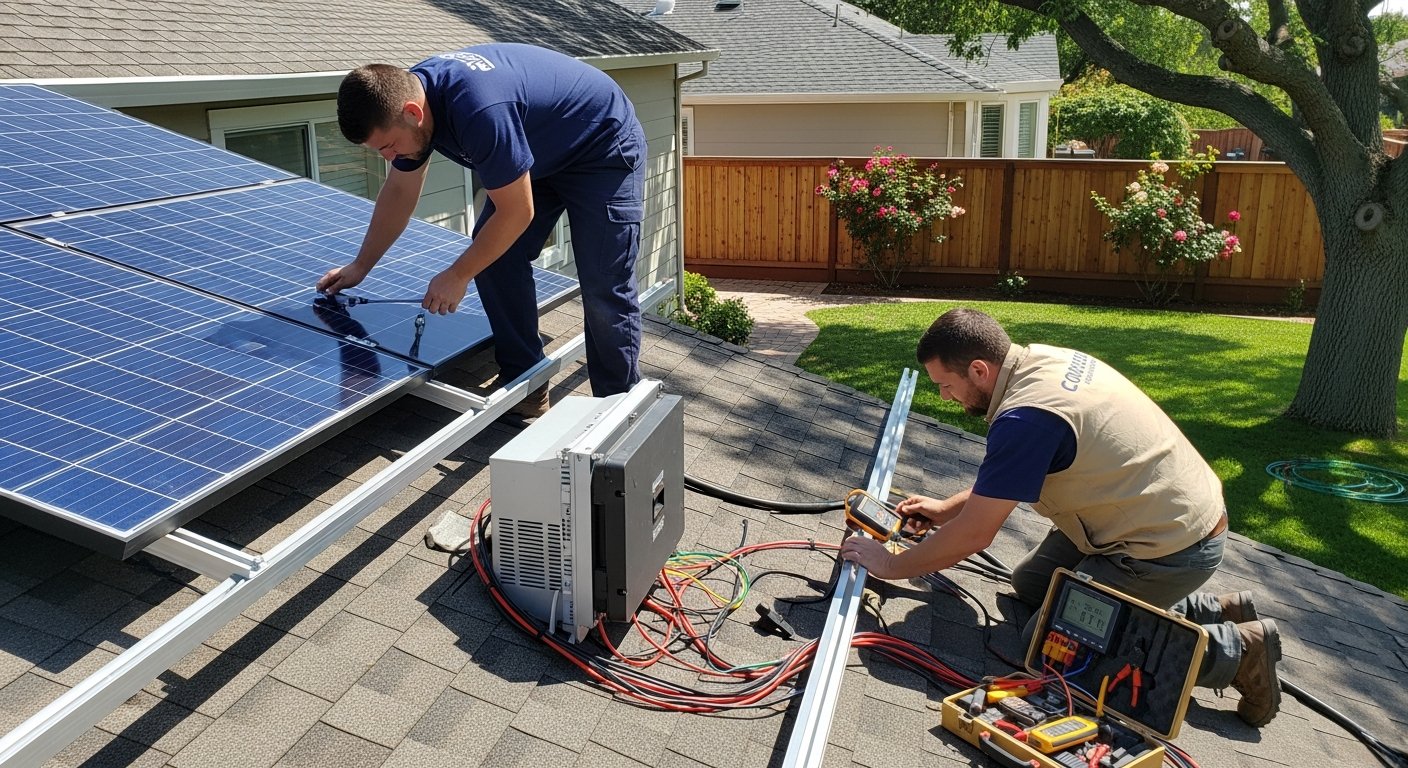 Solar installer in navy uniform secures a photovoltaic panel on a metal roof rack while a second contractor checks a…
