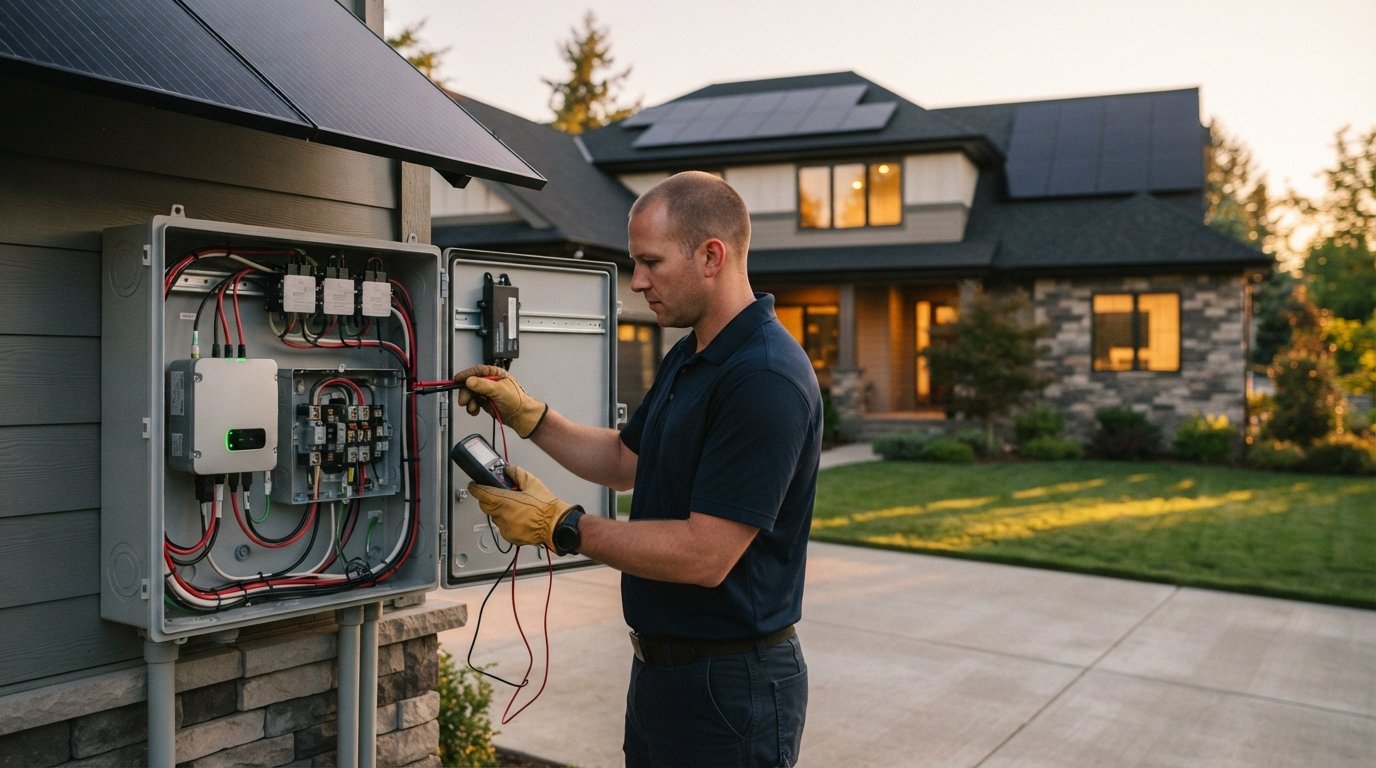 Close-up of a weatherproof electrical panel with a string inverter, microinverters, and a power optimizer, on a home with…