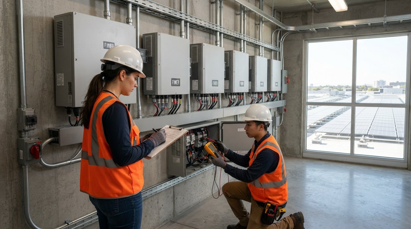 Two solar technicians in safety vests and hard hats inspecting a row of commercial string inverters mounted on a concrete…