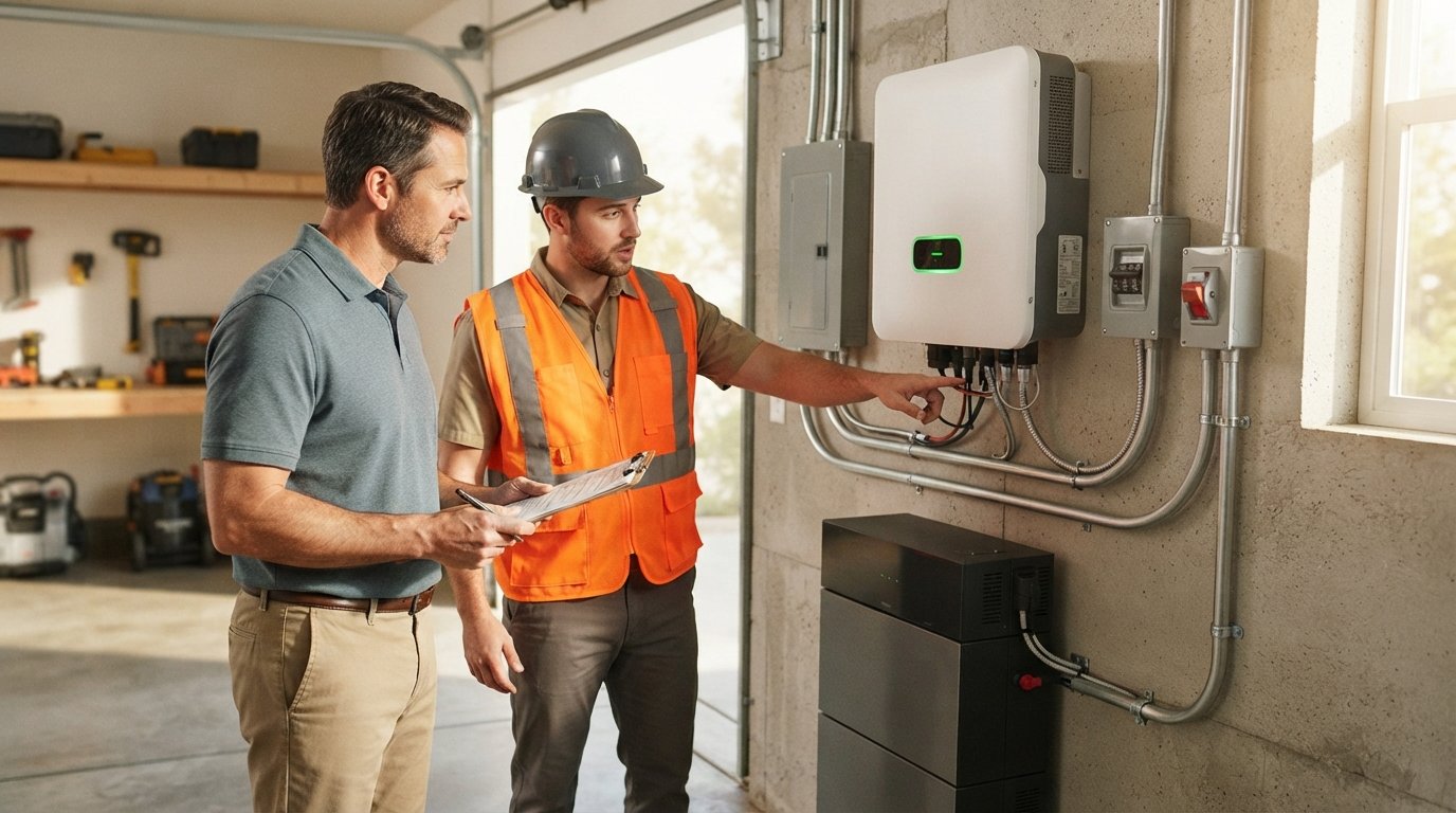Technician in a safety vest and hard hat points to wiring on a white wall-mounted hybrid inverter while a homeowner with a…