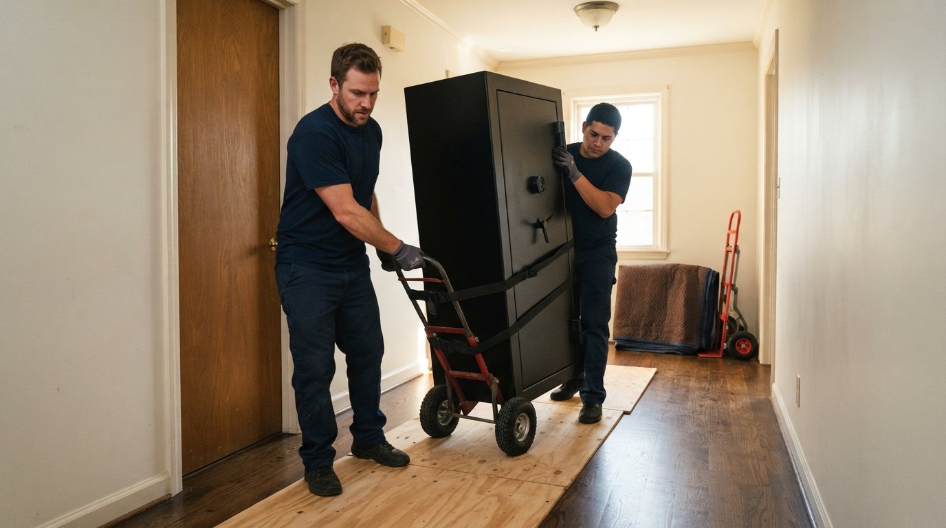 Two movers in blue uniforms use a heavy-duty dolly and straps to move a black gun safe over plywood floor protection in a…