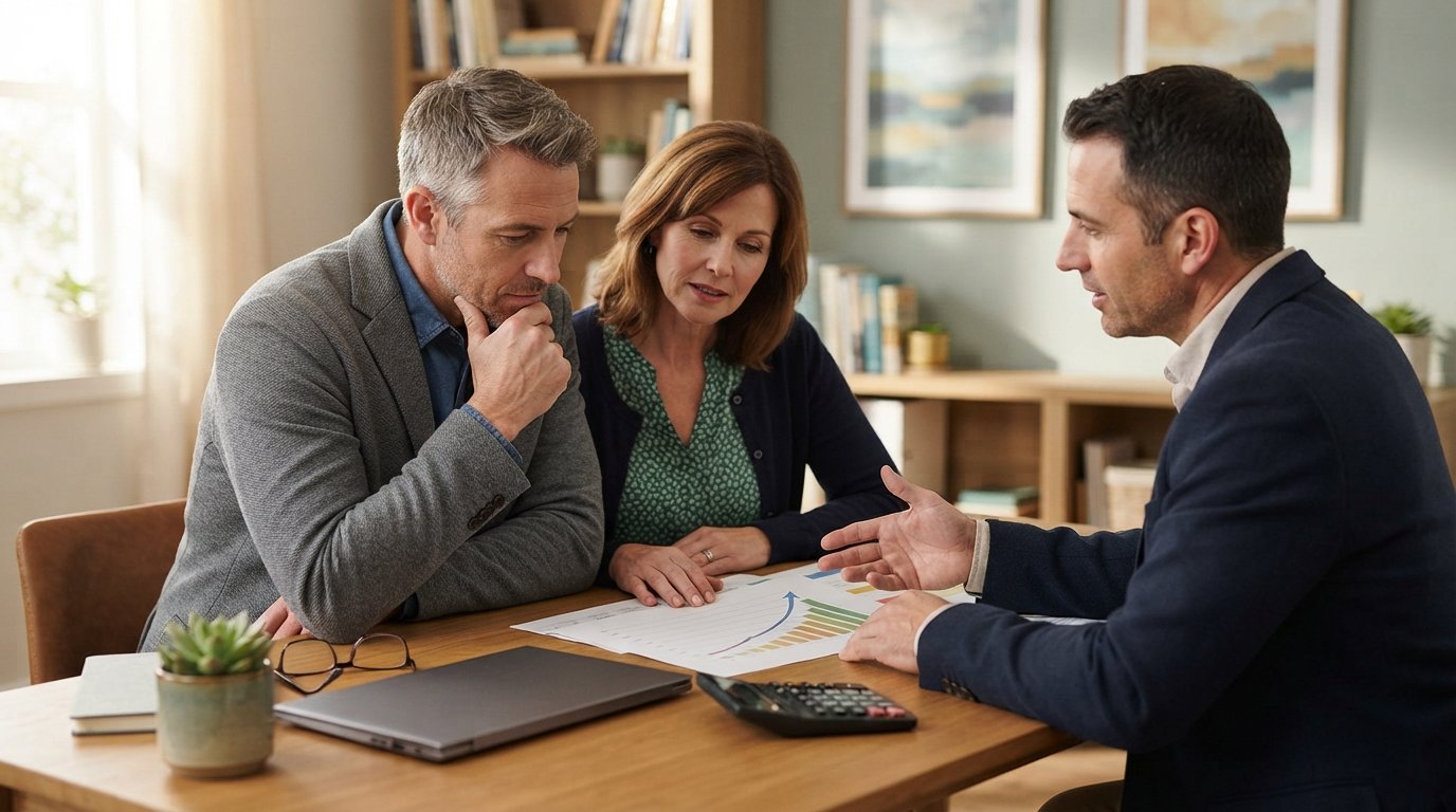 Couple in business-casual attire review a whole life insurance policy with an advisor at a wooden desk in a sunlit home…