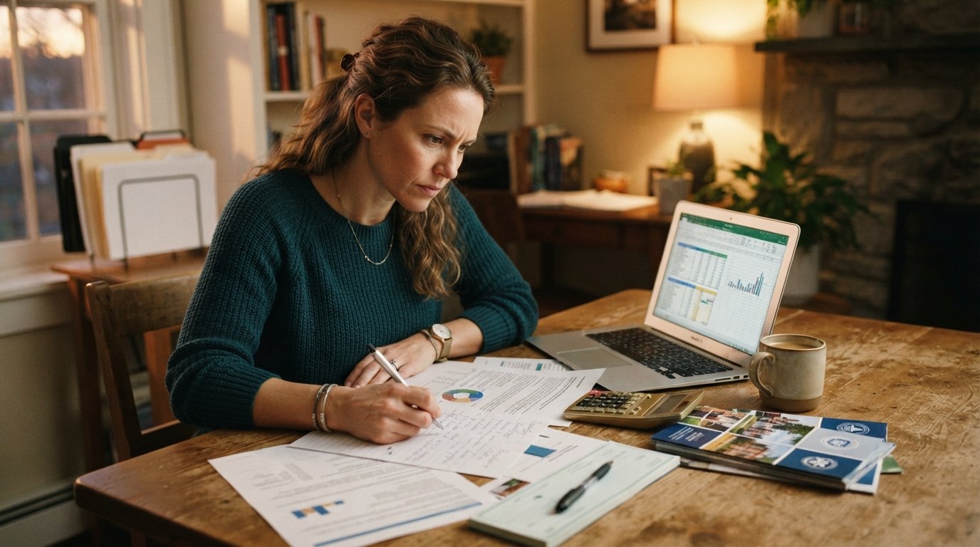 Woman in her late 30s reviews financial aid paperwork at a kitchen table with a laptop, calculator, coffee mug, checkbook,…