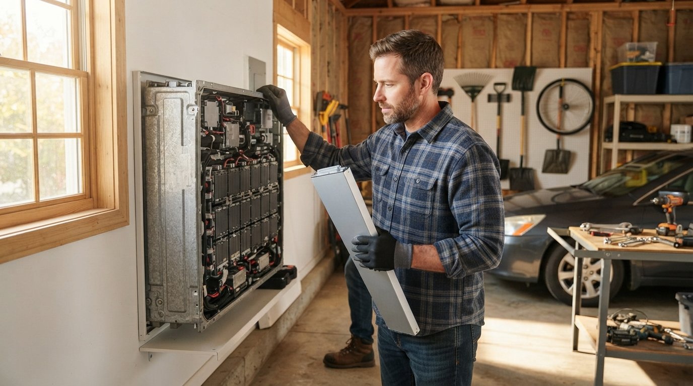 Man in plaid shirt holding a slim silver battery module beside an open wall-mounted home energy storage unit with dark gray…