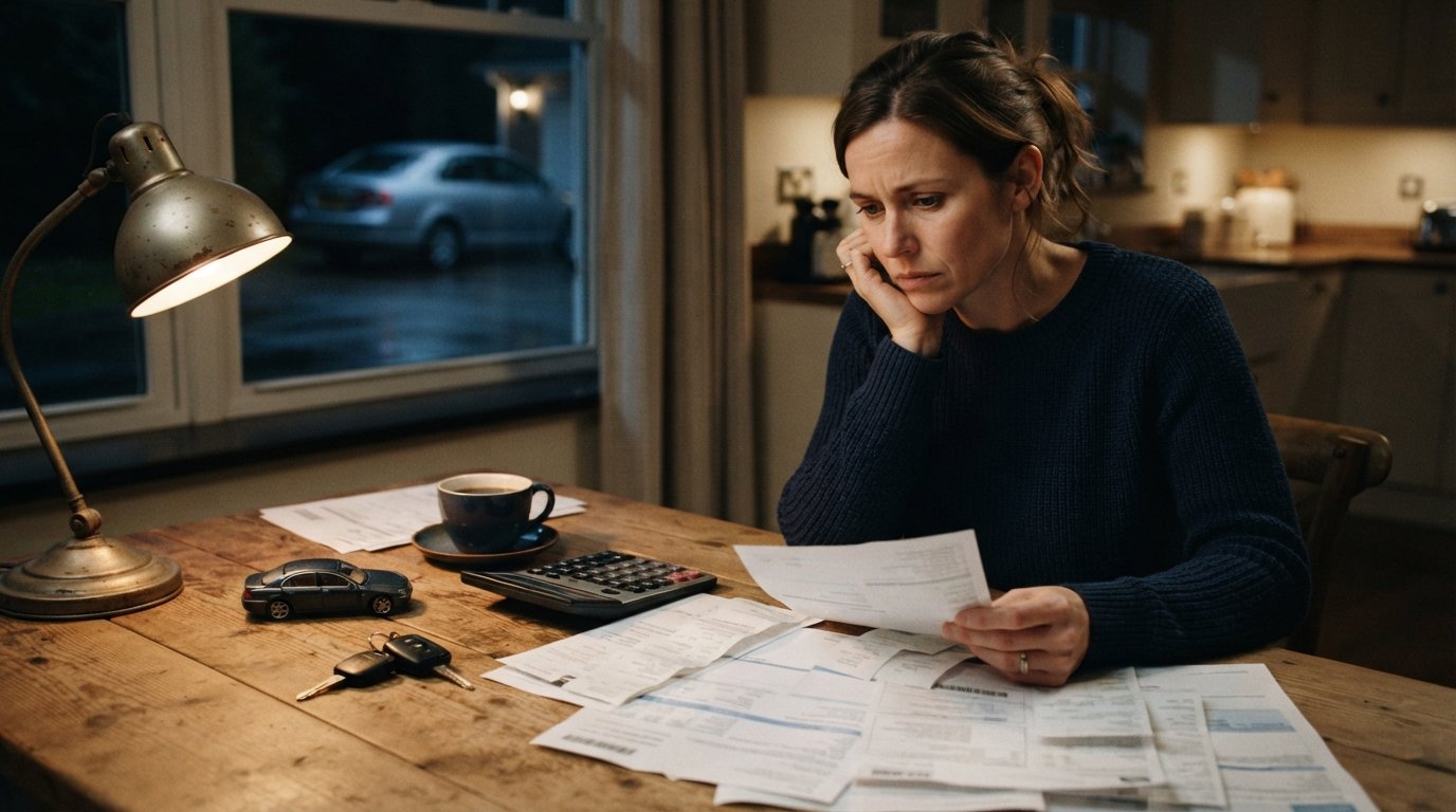 Person at a kitchen table at night reviewing bills, receipts, and a calculator beside car keys and a toy car