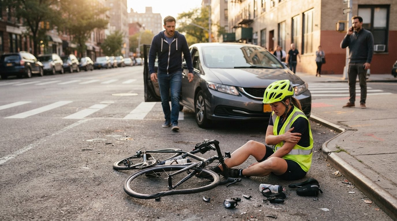 Cyclist in a yellow helmet holds their arm beside a damaged bicycle as a driver exits a stopped sedan