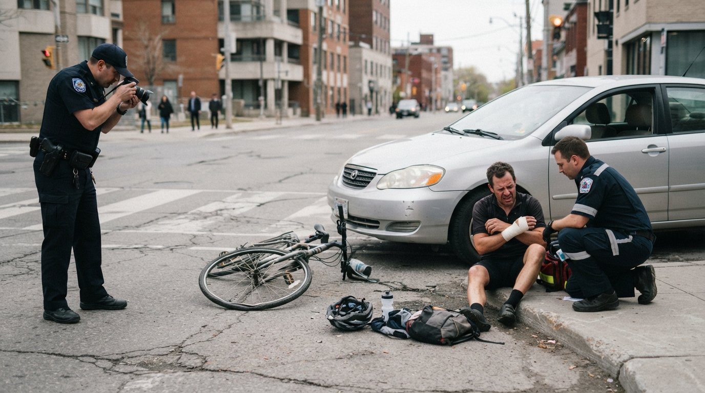 Damaged bicycle with bent front wheel on cracked asphalt beside a stopped silver sedan, a cracked helmet and water bottle…
