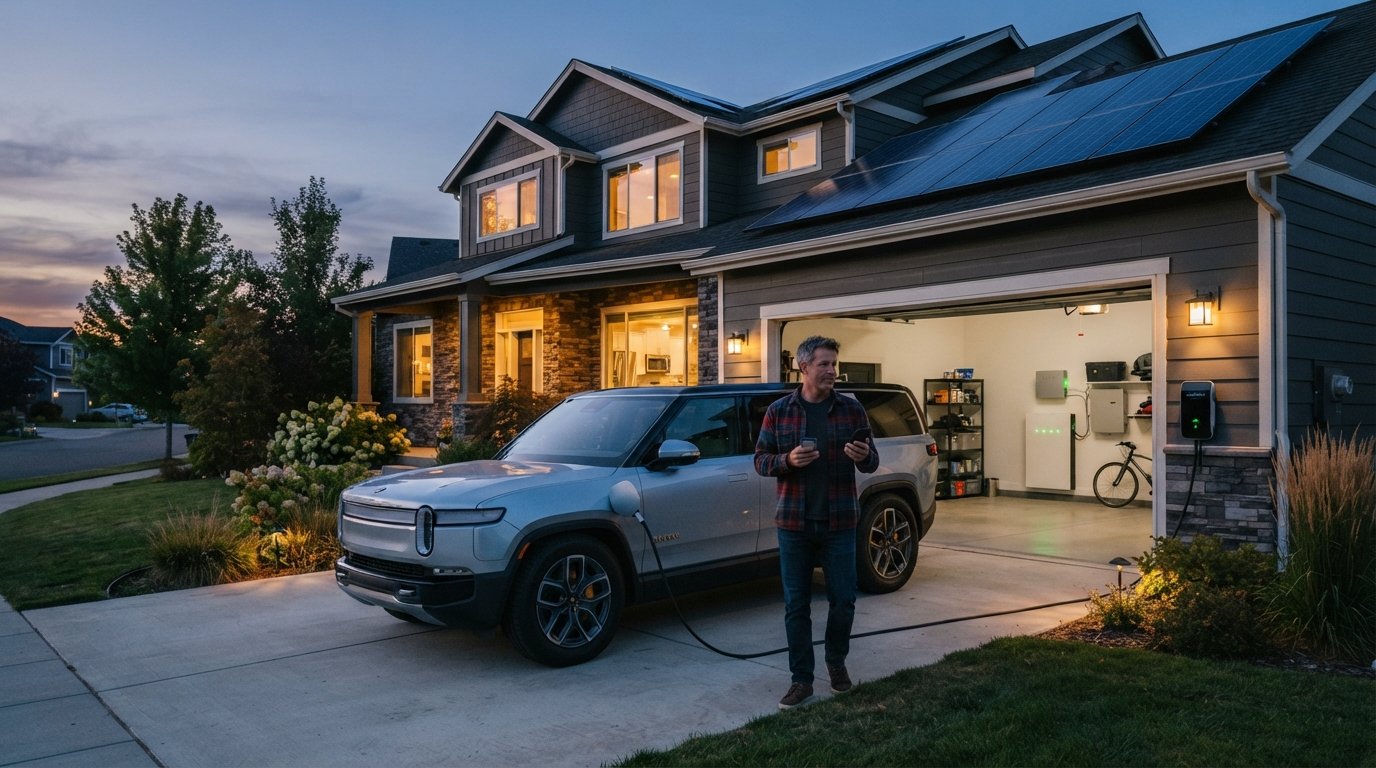 Silver electric SUV plugged into a home charger, with solar panels on the roof and an open garage revealing a battery…