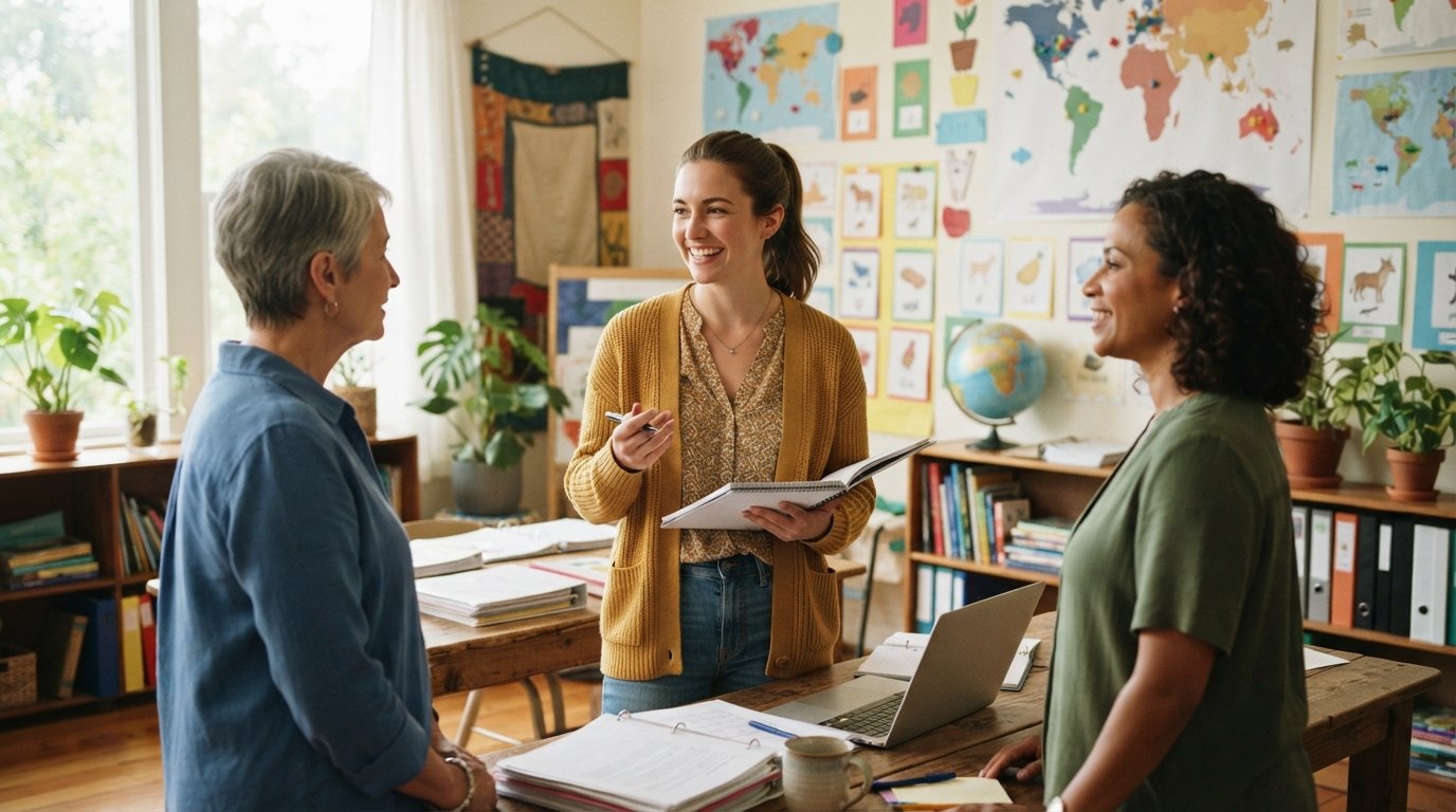 Graduate student in a mustard cardigan holding a notebook and smiling while talking with two colleagues in a bright…