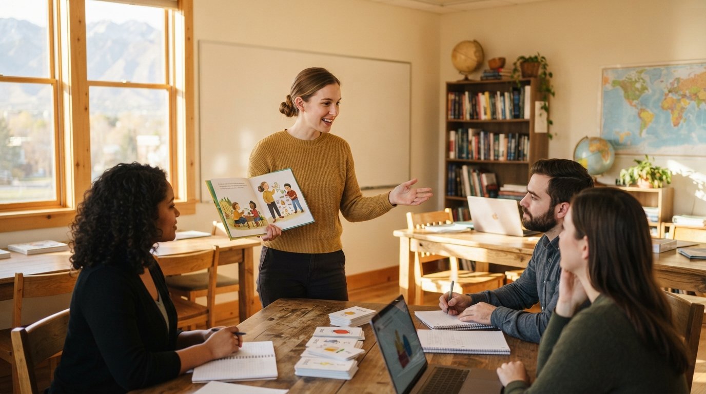 Graduate student holding a bilingual picture book while speaking to adult peers seated at wooden tables with notebooks,…