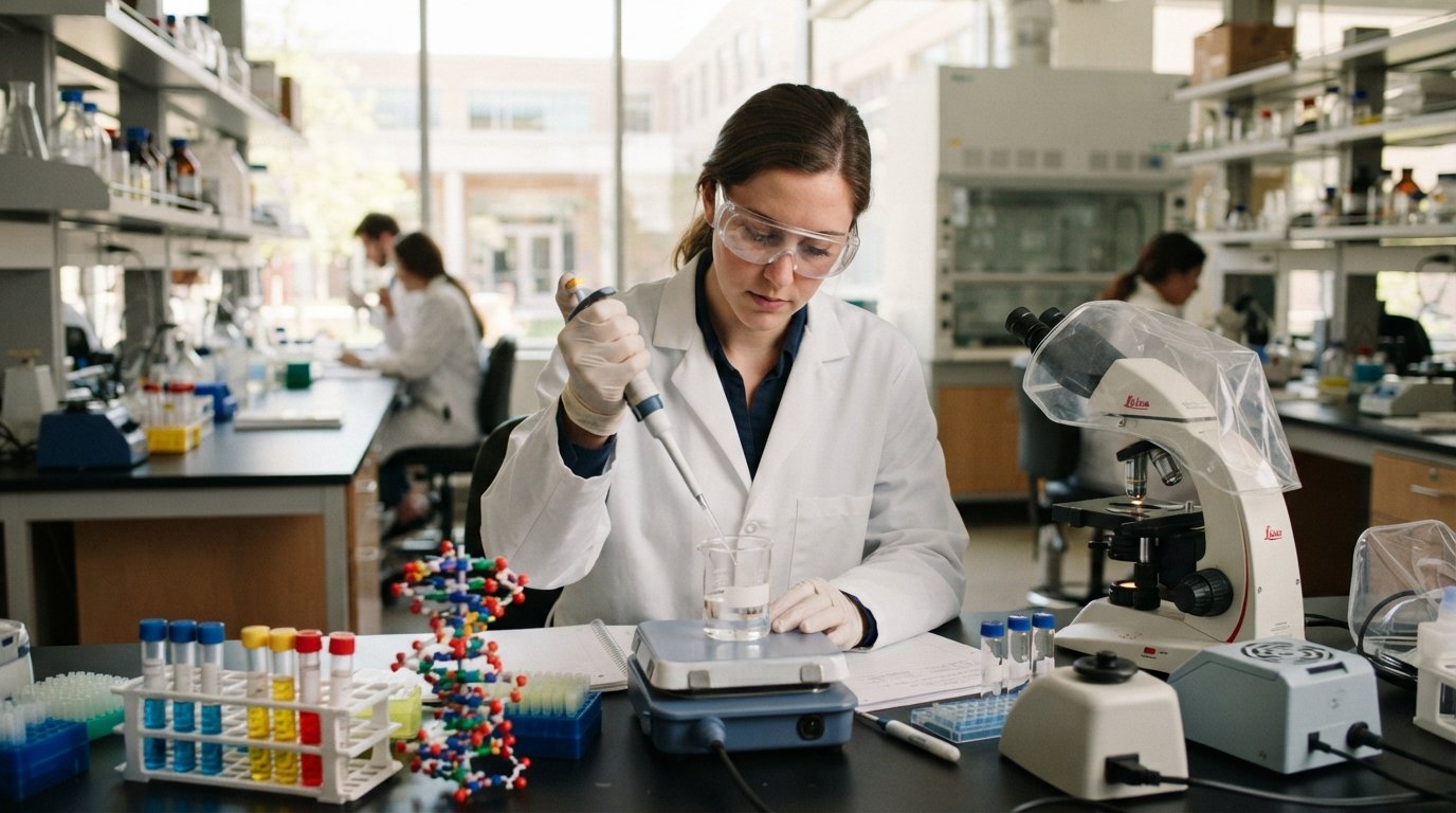 Student in lab coat and safety goggles pipetting clear liquid into a beaker at a black lab bench with microscopes, test…