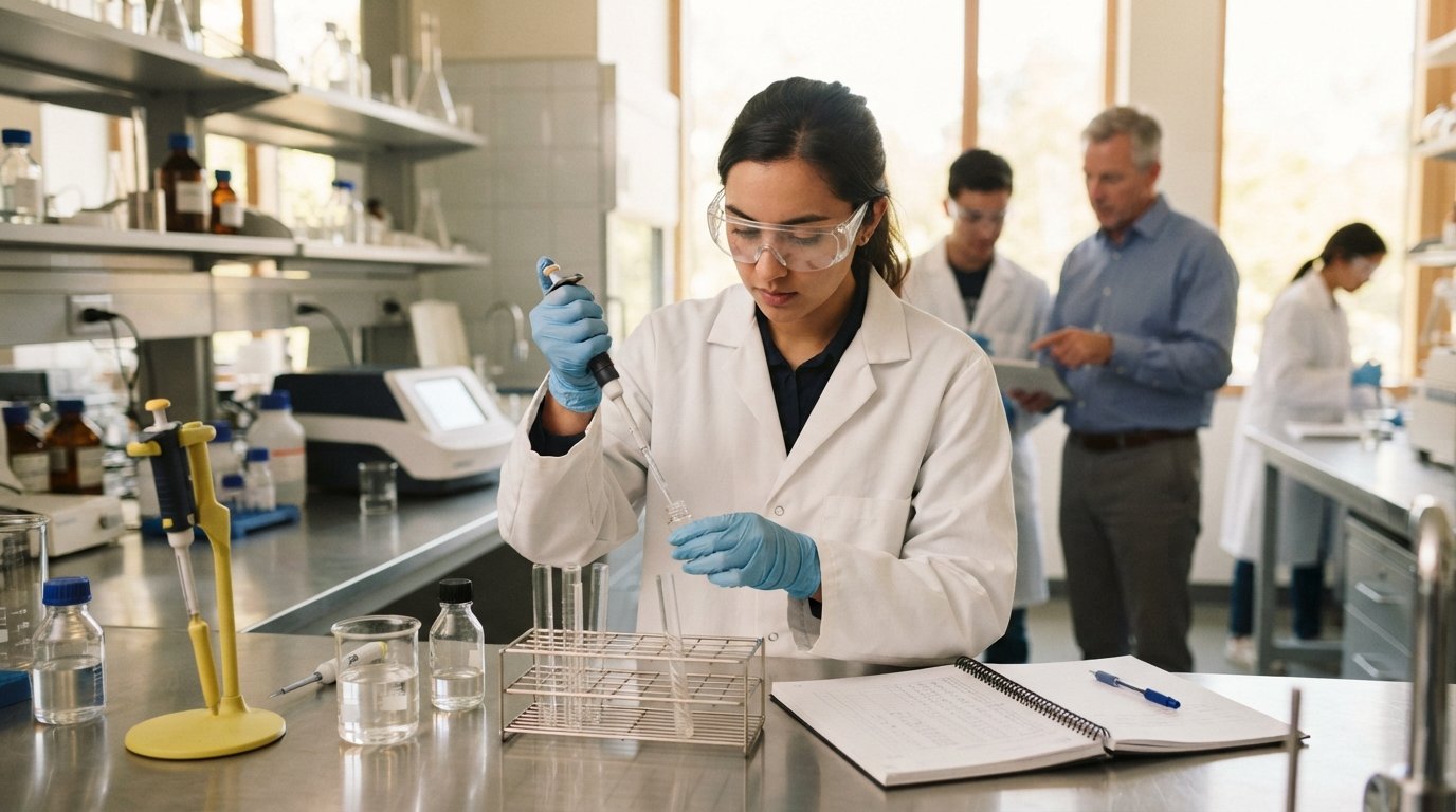 Student in lab coat and safety goggles pipettes clear solution into a test tube rack on a stainless steel bench, with…