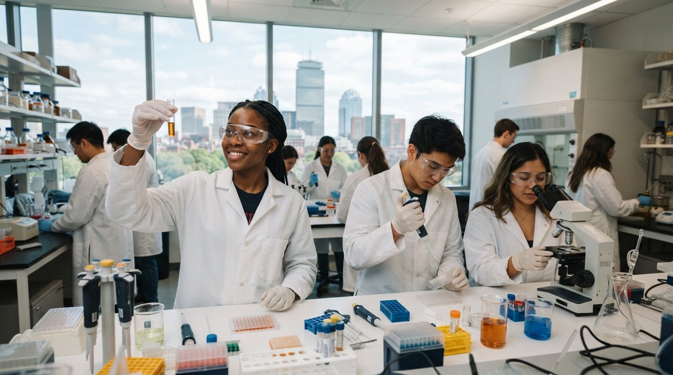 College students in white lab coats and safety goggles pipetting samples into multi-well plates at a stainless steel…