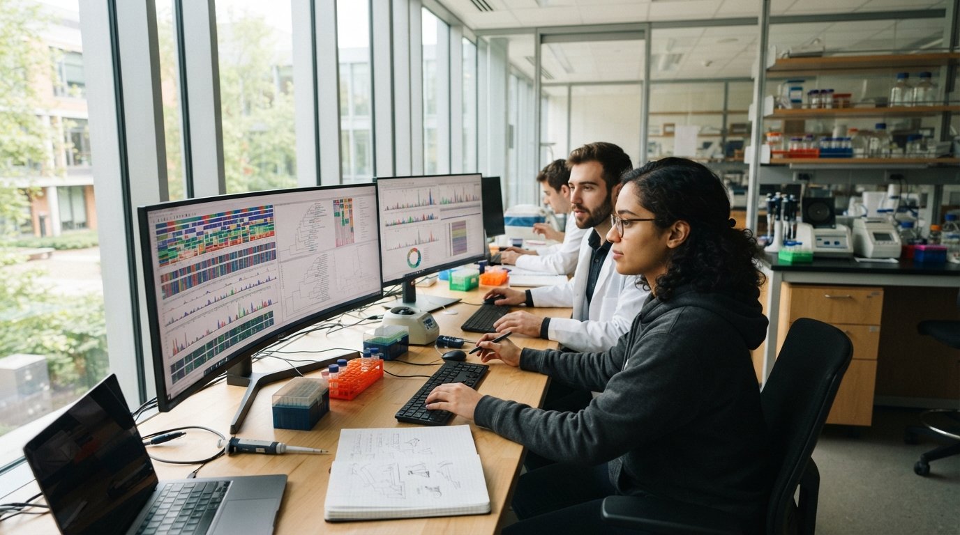 Graduate students analyze colorful genomic data on large monitors in a bright university bioinformatics lab