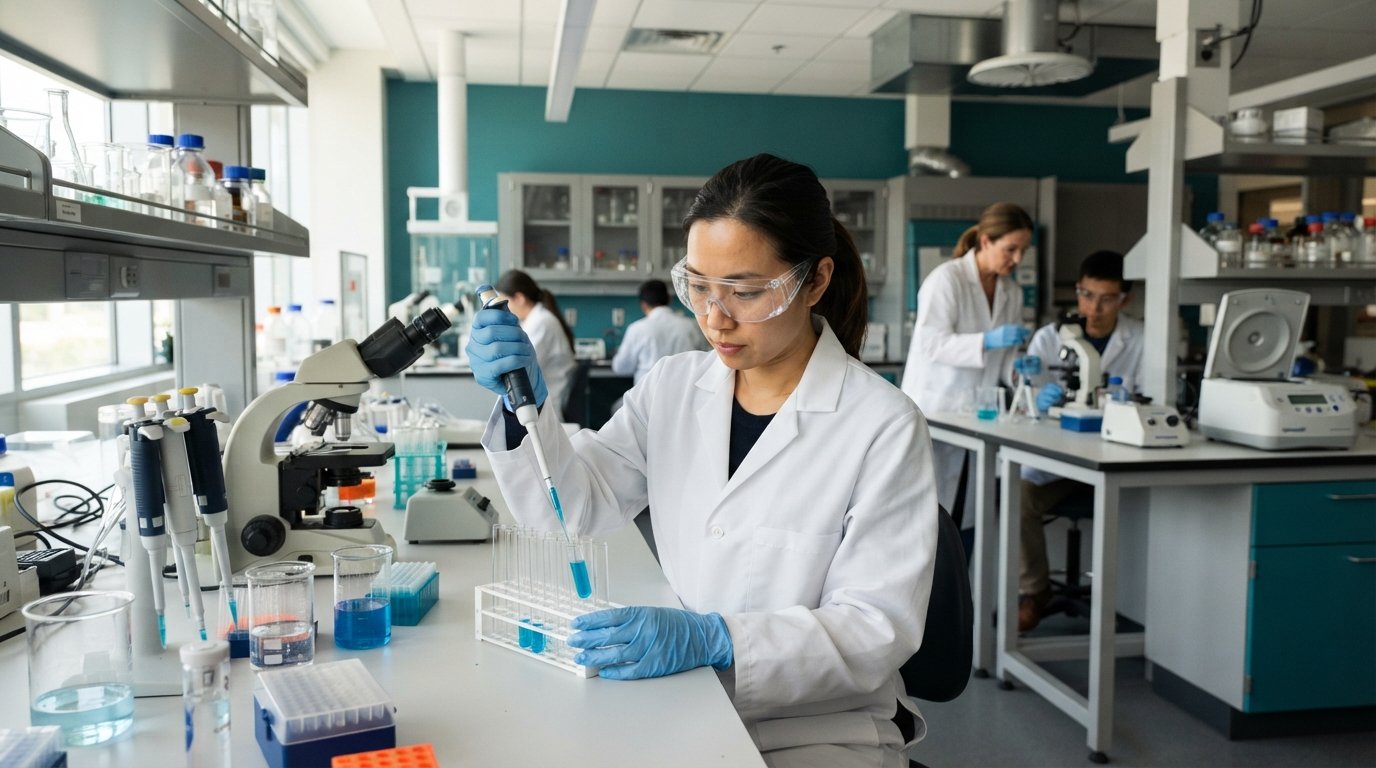 Student in safety goggles and lab coat pipettes blue liquid into test tubes at a lab bench with microscopes and beakers…