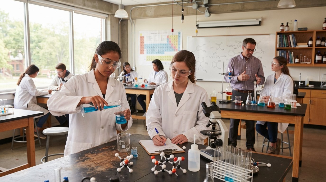 Two students in goggles and lab coats, one pouring blue liquid into a beaker while the other takes notes beside a microscope